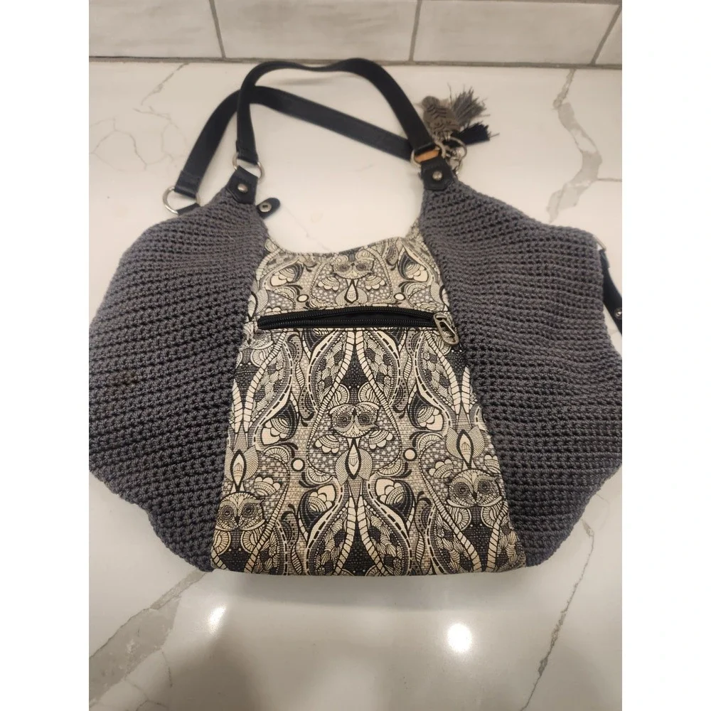 Sakroots Roma Shopper Purse Shoulder Bag Black Gray Cream Crochet Logo Owl FOB